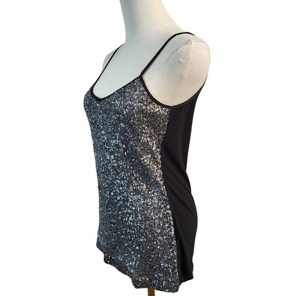 Badgley Mischka X-Small Black Silver Sequined Cami Top Sparkle Stretch Holiday - Picture 8 of 12